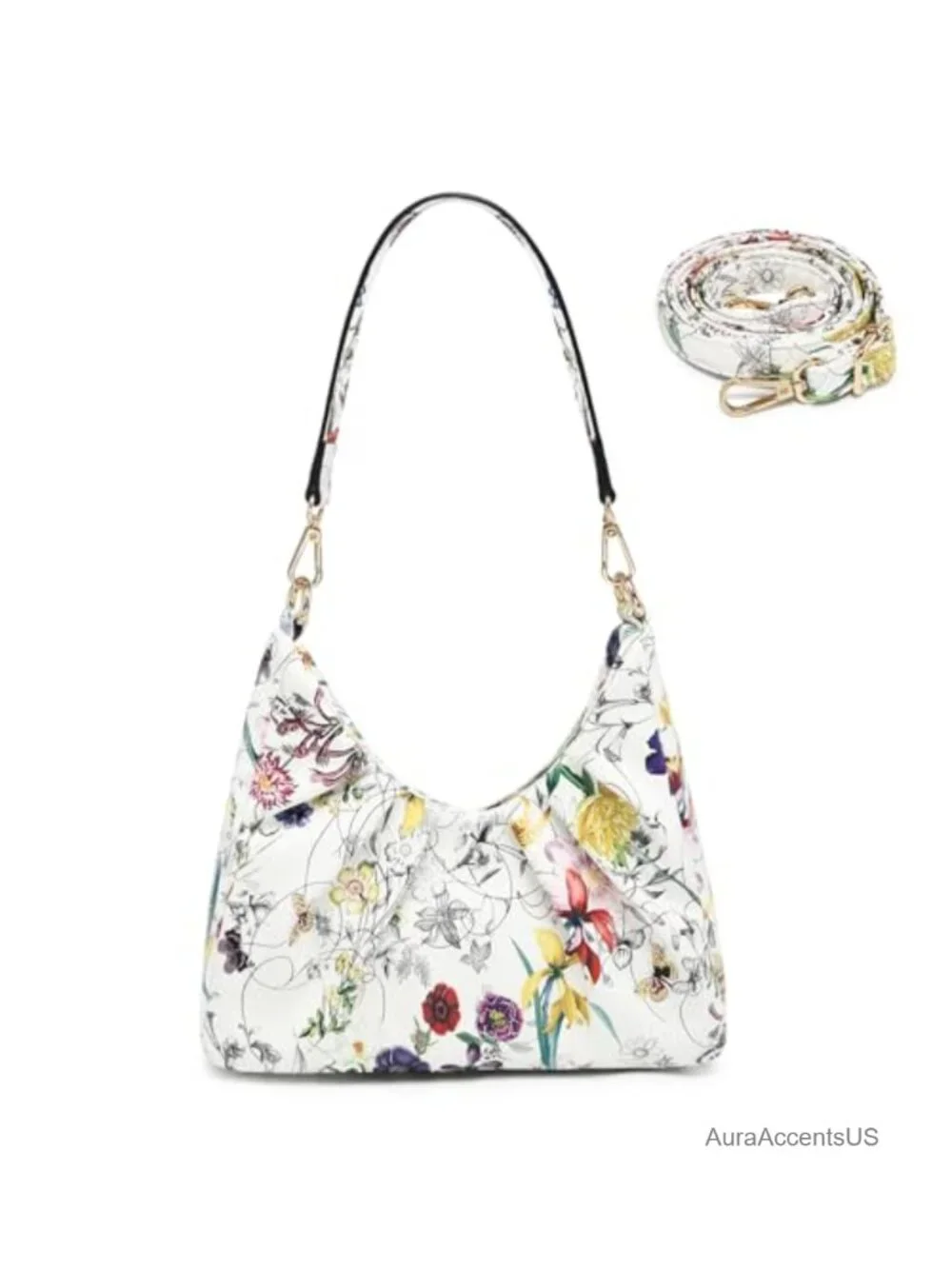 Vegan Leather Ruched Hobo Handbag with 2 Removable Straps
